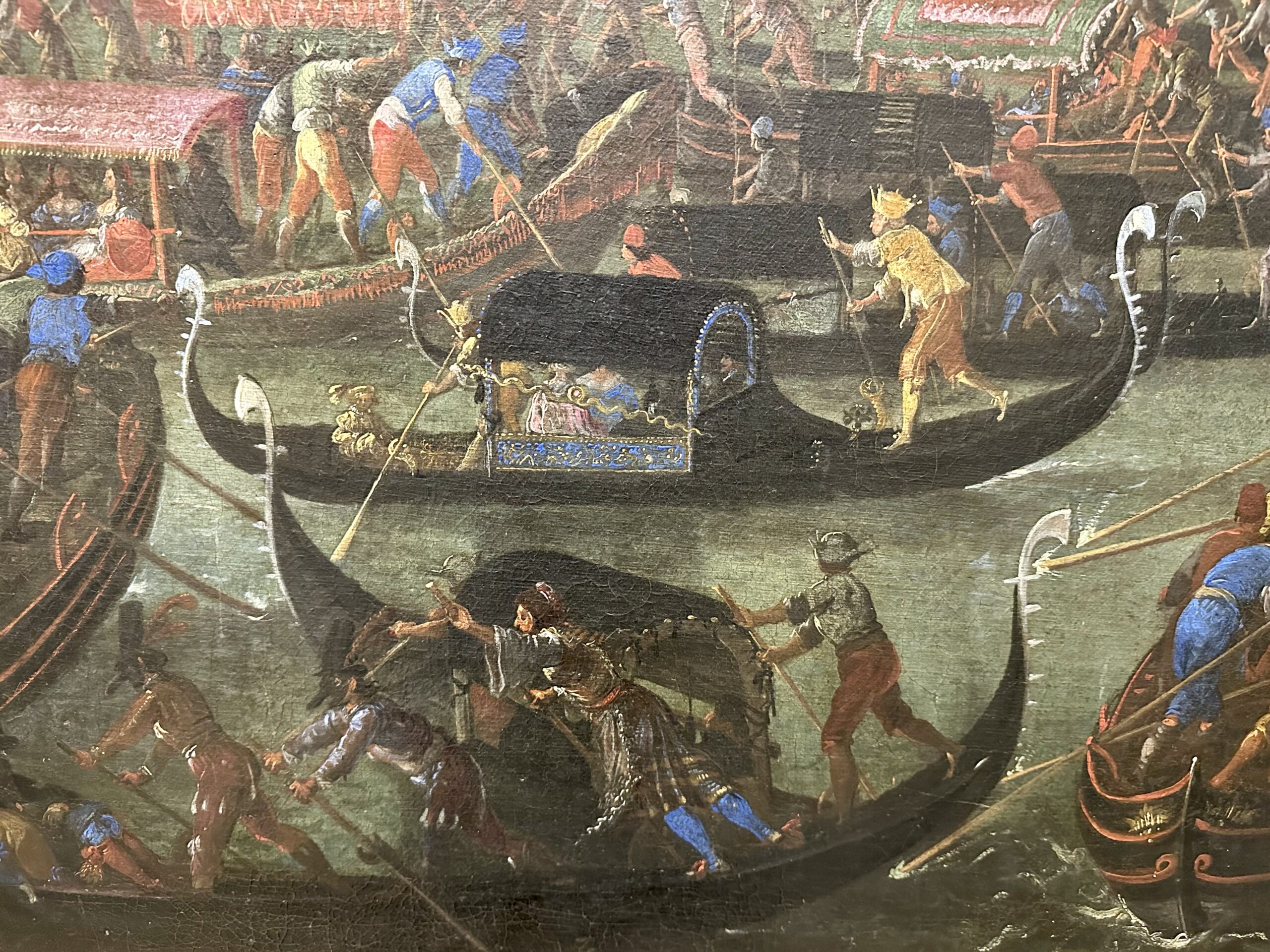 Detail of a painting showing gondolas in Venice in the 17th century